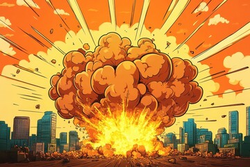 Cartoon image showing large city explosion, orange sky and debris falling. Perfect for illustrating disaster, action, danger, comic book style.