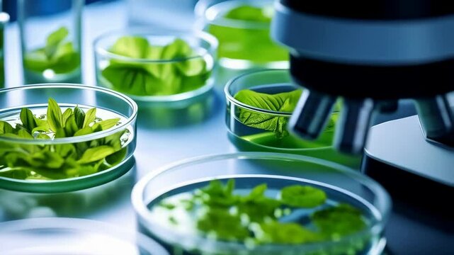 Microscope analysis of plants in petri dishes. Researching new medicines and biotechnology, studying plant specimens under magnification.