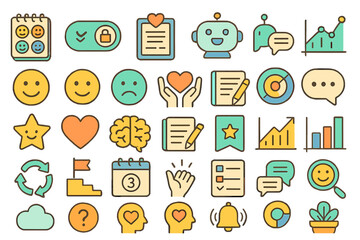 Flat UI icon set: survey, analytics, notifications, cloud, wellness