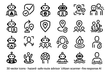 Fototapeta premium Minimal civic safety icons with bots, alerts, maps, and rescue tools