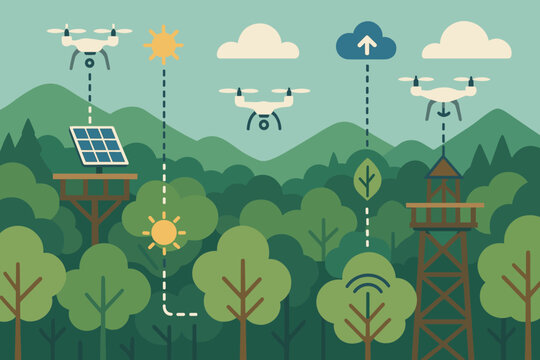 Eco-friendly drones flying over forest with solar-powered stations