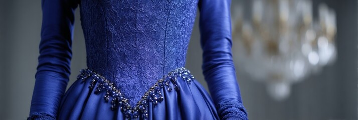 Royal blue satin gown exudes Victorian elegance, bejeweled with twilight dew, perfect for Steampunk gatherings or Burns Night revelry