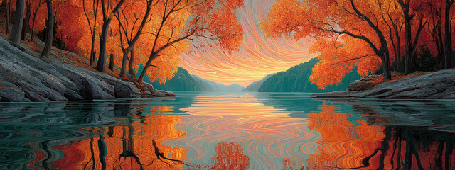 Golden autumn leaves swirling in the wind over a tranquil lake, vibrant orange and red hues, soft sunlight breaking through the trees