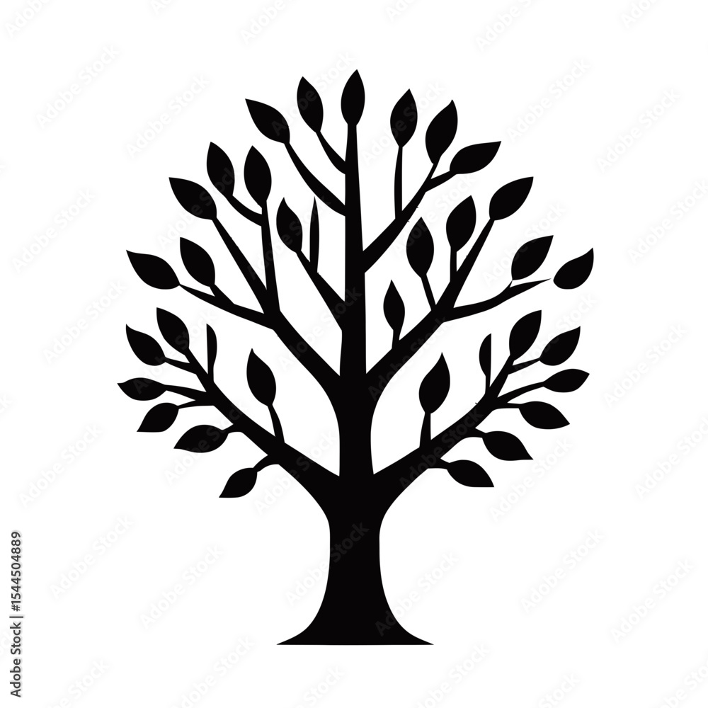 Poster black silhouette tree icon with multiple branches and leaves in minimalist flat vector style on whit