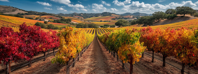 Wide autumn vineyard with rows of colorful grapevines in deep reds and yellows, rolling hills under bright blue sky, idyllic and picturesque