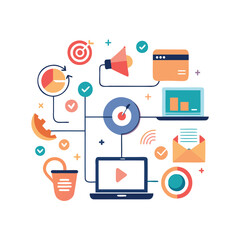 Minimalist Digital Marketing Strategy Flowchart with Icons on White Background