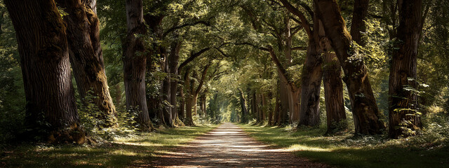 Forest path with tall trees arching overhead, dappled sunlight, calm and serene