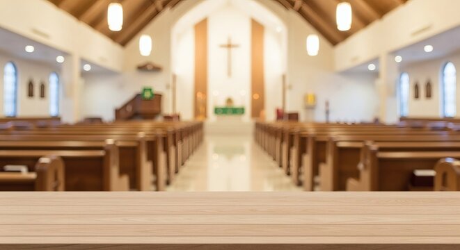 Wooden Table in Church with Cross Faith with Worship, Peace, and Background.