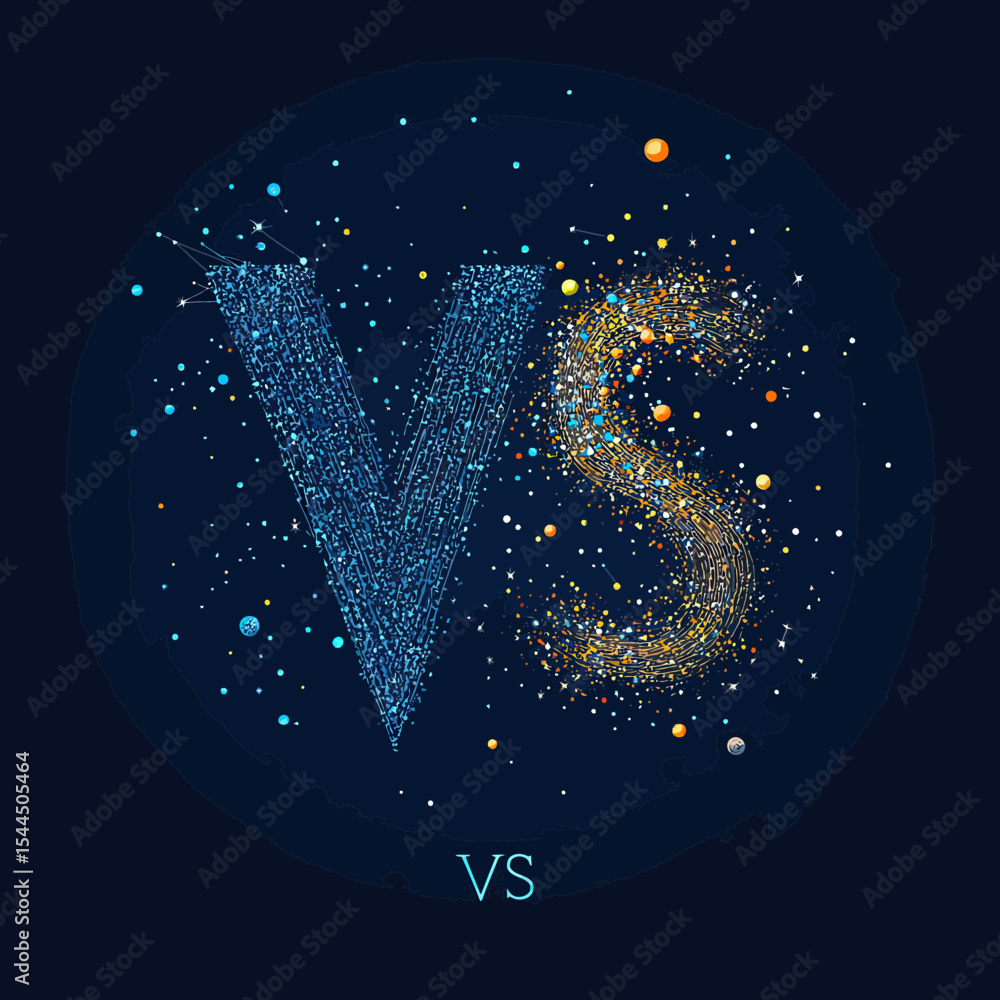 Poster abstract vector illustration of vs letters formed by connected dots and glowing star-like particles 