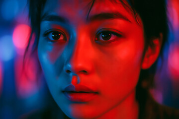 Close-up portrait of woman illuminated by red and blue neon lights. Studio fashion photography with colorful lighting. Nightlife and modern urban concept for design and poster.