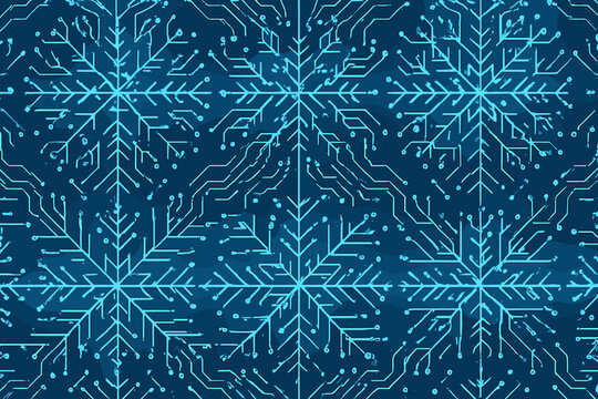 Futuristic snowflakes intertwined with circuit board patterns, representing the fusion of nature and technology.