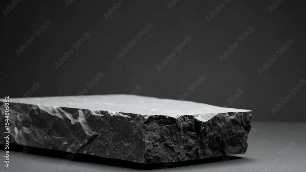 Poster elegant presentation of textured rectangular rock on a dark background, creating a sophisticated and