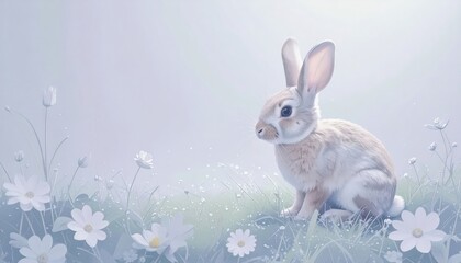 Obraz premium A fluffy bunny sits among delicate white flowers in a softly lit, ethereal spring meadow scene.