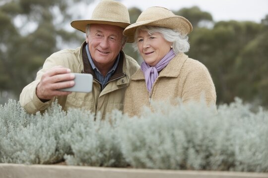Two elderly Caucasian individuals, giddily capturing a selfie amid lavender fields, evoking World Laughter Day and Vintage Farm Fair