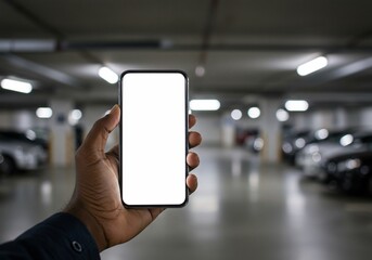 Hand Holding Smartphone with Blank Screen in Parking Garage