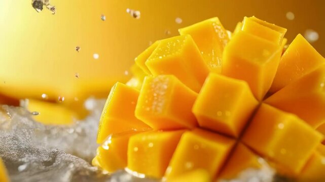 Juicy diced mango pieces with splash of water against a bright yellow background creating a refreshing, delicious tropical fruit composition