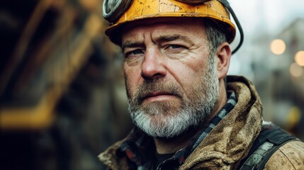 Obraz premium A man wearing a yellow helmet and a brown jacket, standing in front of a construction site with machinery and equipment.