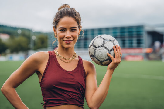 Smiling female footballer with ball on modern stadium field