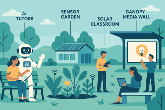 Illustration of a smart eco-campus with AI tutors and solar tech