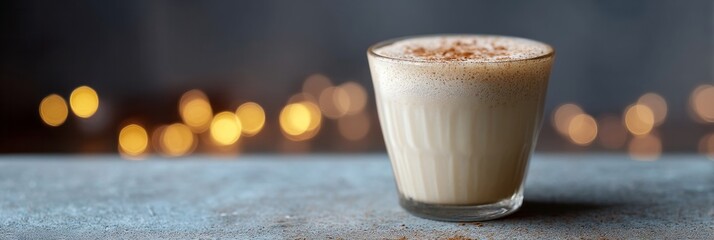Cozy spiced latte shimmers under fairy lights, evoking hygge warmth and Yuletide cheer, ideal for Candlemas celebrations