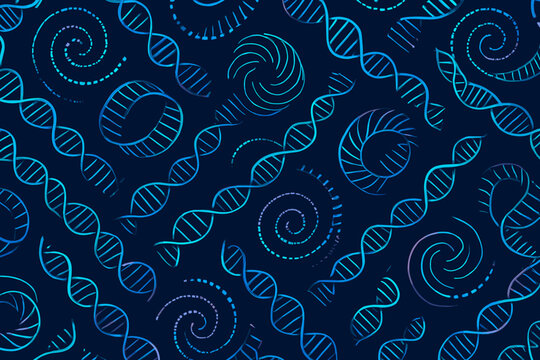 Abstract pattern of DNA strands and swirling spirals in vibrant blues and greens.
