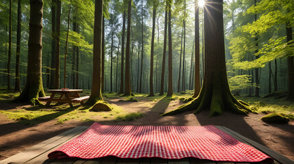 Wooden table in forest clearing with a red checkered picnic blanket laid out, surrounded by tall trees dappled with sunlight filtering through the leaves.