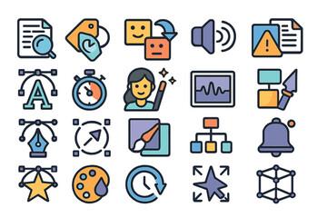 Set of colorful icons representing design tools, editing, and user interface elements.