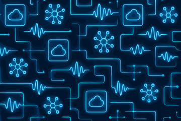 Seamless neon pattern of cloud icons, network nodes, and circuit pathways