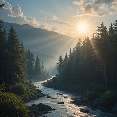 The sun's rays illuminate the forest river