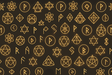 Seamless dark pattern with glowing runic and atomic alchemical symbols