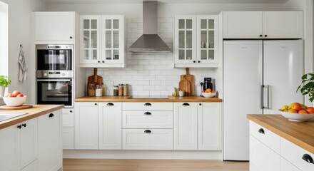 Fototapeta premium Bright White Kitchen Modern Nordic Interior with Wooden Countertops.