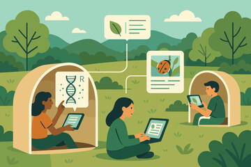 Kids learning biology outdoors with tablets and laptops