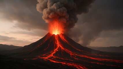A volcanic eruption spews lava and thick smoke into the sky, with glowing molten rock flowing down the slopes at dusk.