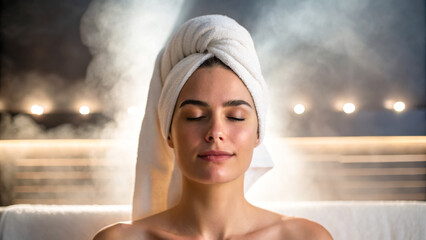 A woman relaxes with closed eyes and a towel wrapped around her head, surrounded by steam and soft lighting, creating a calming spa atmosphere.