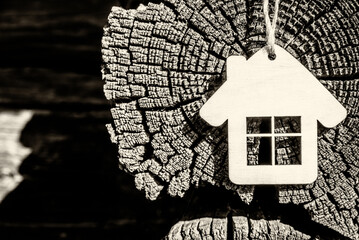 The symbol of the house stands on a brown wooden background
