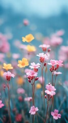 Fototapeta premium Pink and yellow wildflowers dance whimsically in a blurred meadow, evoking Beltane's ethereal blooms and poetic quietude