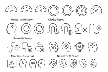 Minimalist icons representing mental processes, AI, and neural flow