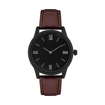 men's watch with brown leather strap and black dial isolated on white background
