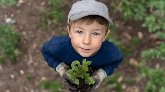 A young Caucasian boy joyfully cradles a sapling during Arbor Day festivities, embracing vibrant growth and natures whispers