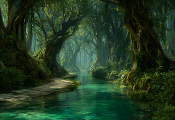 Enchanted Forest Stream with Sunlight and Greenery