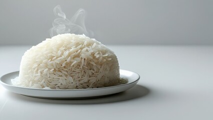 Steaming Hot Pile of White Rice on a Plate