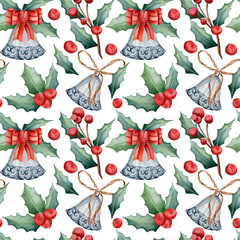 Seamless watercolor pattern. Hand drawn holly sprig, Christmas bell with red satin bow isolated on white background. Design for printing on fabric.