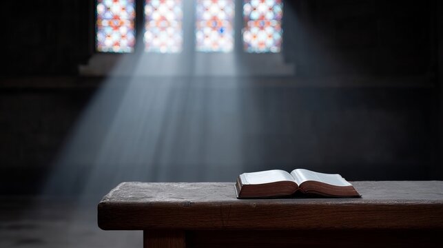 Mystical beams illuminate an ancient tome on rustic pew, evoking Reformation Day contemplation and bibliomancy intrigue
