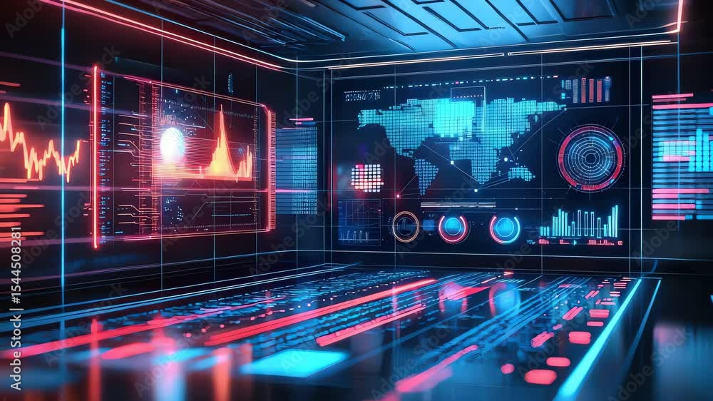 Fototapete a futuristic control room with glowing digital screens displaying data, analytics, and world maps in