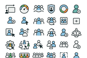 Set of modern icons for team management, user profiles, and analytics.