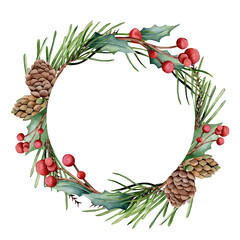 Round watercolor frame. Botanical theme, New Year's decor. Hand-drawn pine cones, fir branches, holly sprigs, collected in a circle. Design for postcards, invitations, gifts.