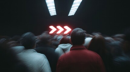 Vibrant urban cacophony blurs in motion, red arrows guiding diverse souls towards tech-renaissance, echoing futurist's utopian dreamscape