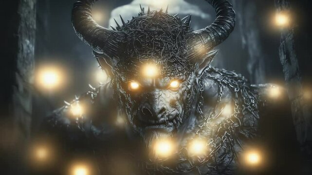A menacing, horned minotaur with glowing eyes and chains stands in a dark, ominous environment.