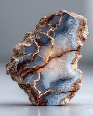 Intricate blue agate geode with gold veins, brown exterior, studio shot, mineral specimen, natural texture, elegant, luxurious, detailed, smooth surface,