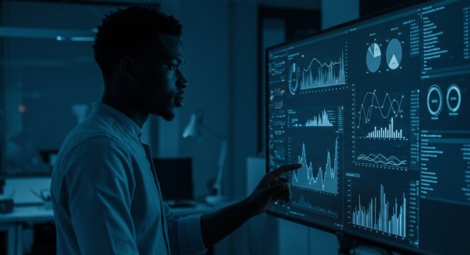 African American Man Analyzing Data on a Large Computer Screen - Powered by Adobe